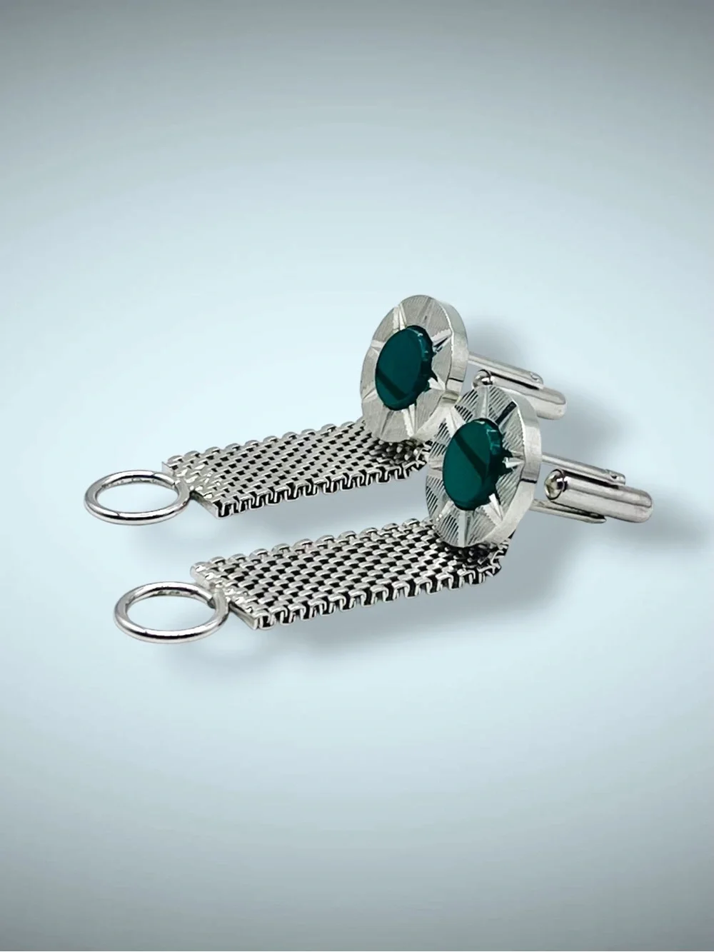 Vintage Mid Century Silver Tone Green Cabochon Mesh Wrap Cufflinks